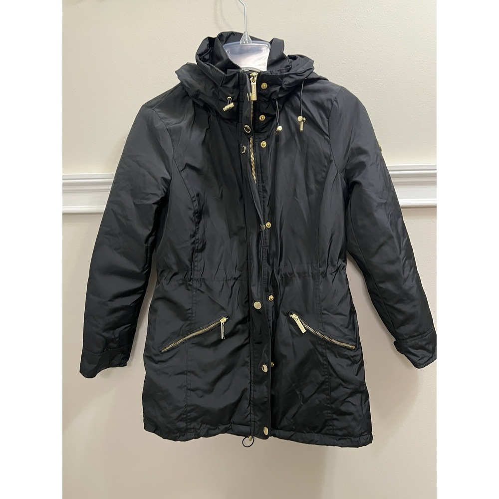 MICHAEL KORS Women's XS MK Trench Coat‎ with Hood Black Polyester Gold Logo
